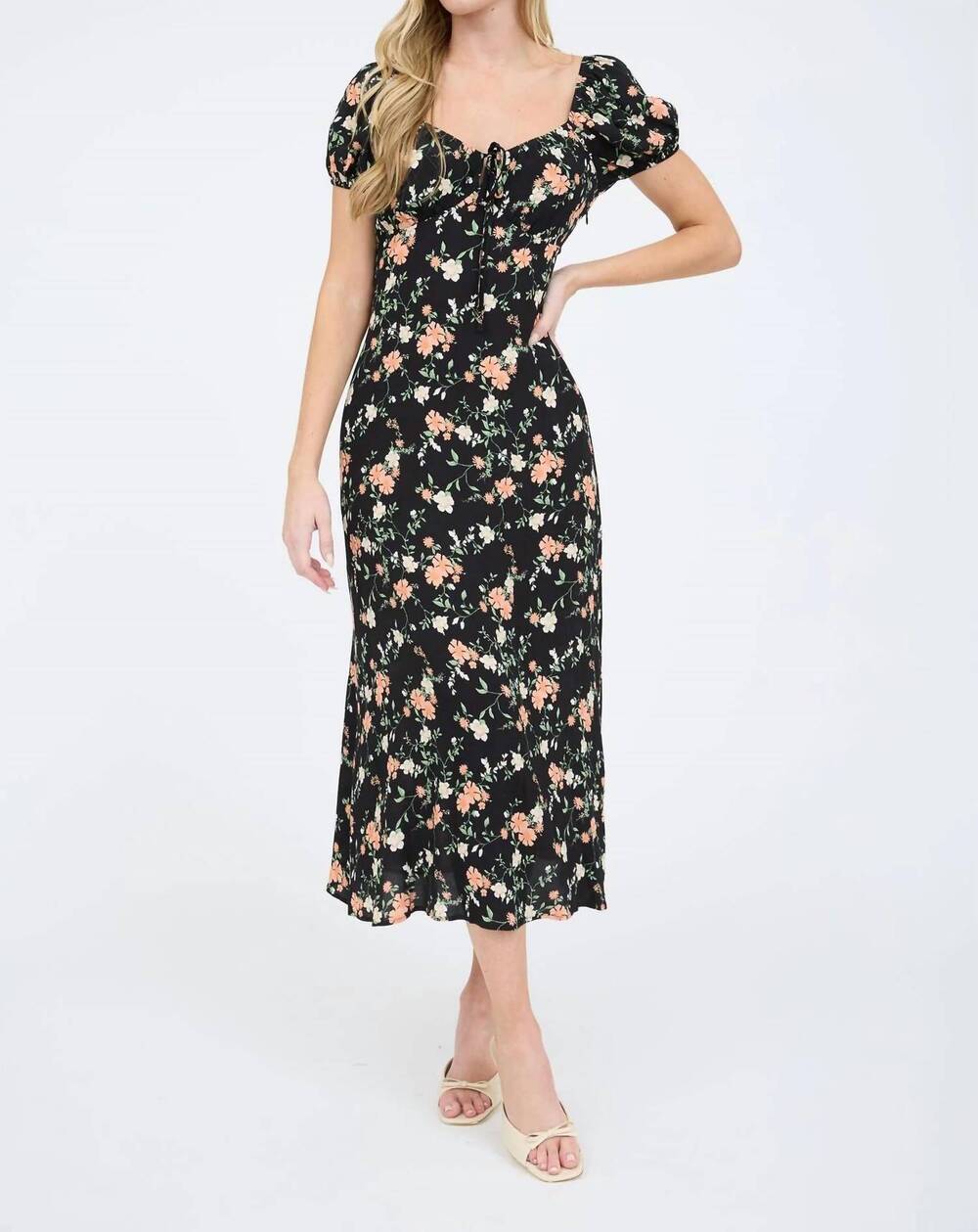 NEW BLU PEPPER front tie midi dress in black floral